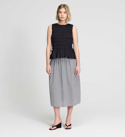 Malani Black Cotton Poplin Shirred Peplum Shell Top