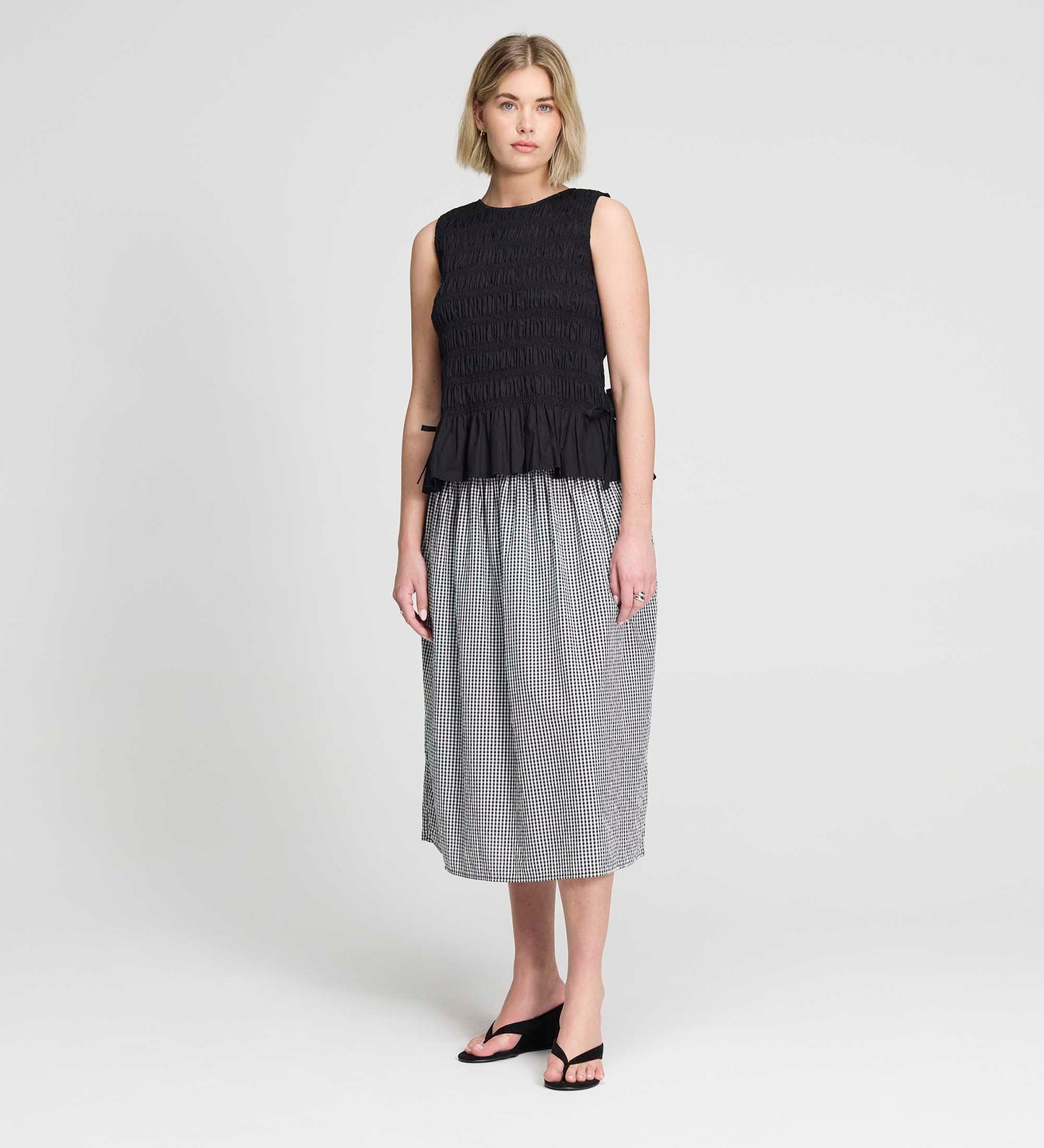 Malani Black Cotton Poplin Shirred Peplum Shell Top