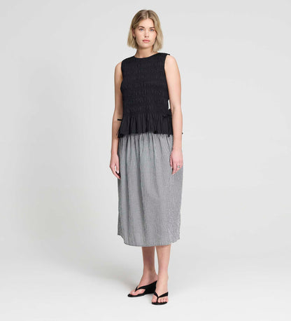 Malani Black Cotton Poplin Shirred Peplum Shell Top