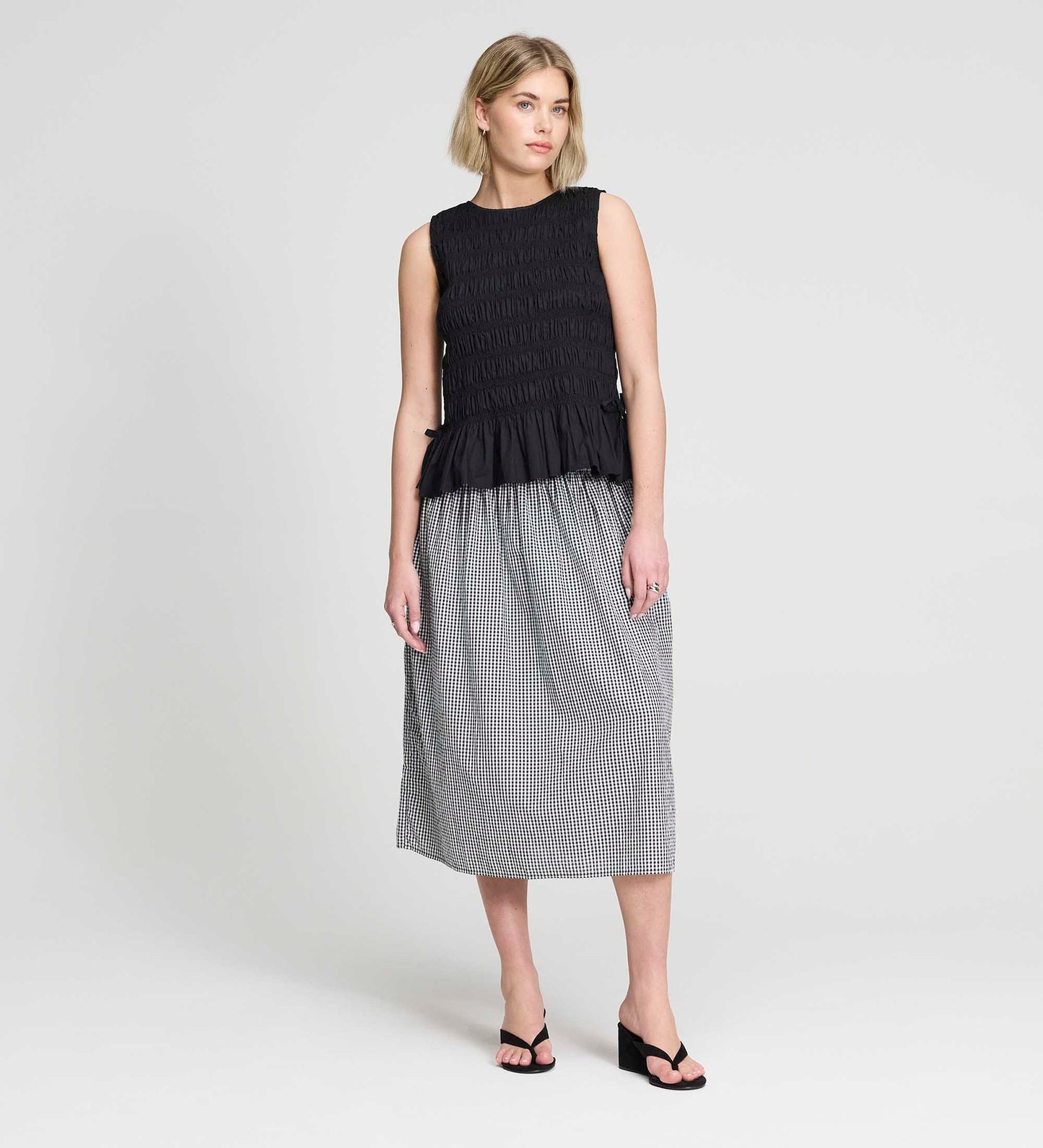 Malani Black Cotton Poplin Shirred Peplum Shell Top