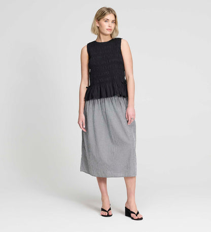 Malani Black Cotton Poplin Shirred Peplum Shell Top