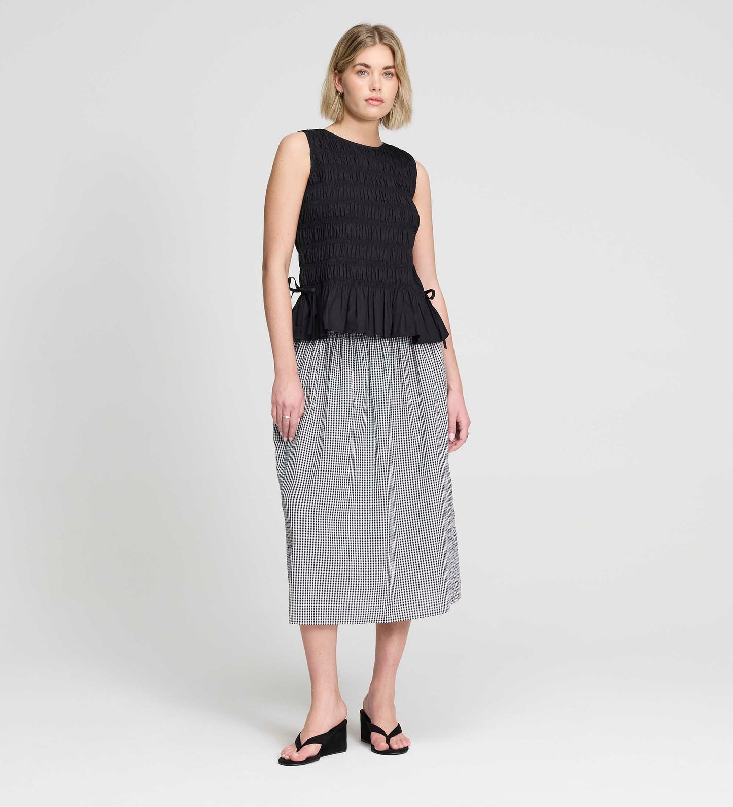 Malani Black Cotton Poplin Shirred Peplum Shell Top