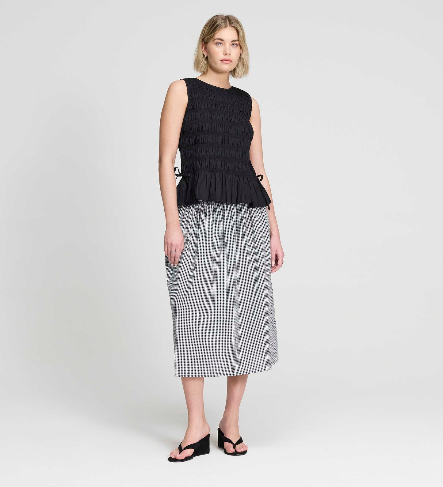 Valerie Black Gingham Cotton Shirred Waist Midi Skirt
