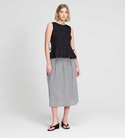 Valerie Black Gingham Cotton Shirred Waist Midi Skirt