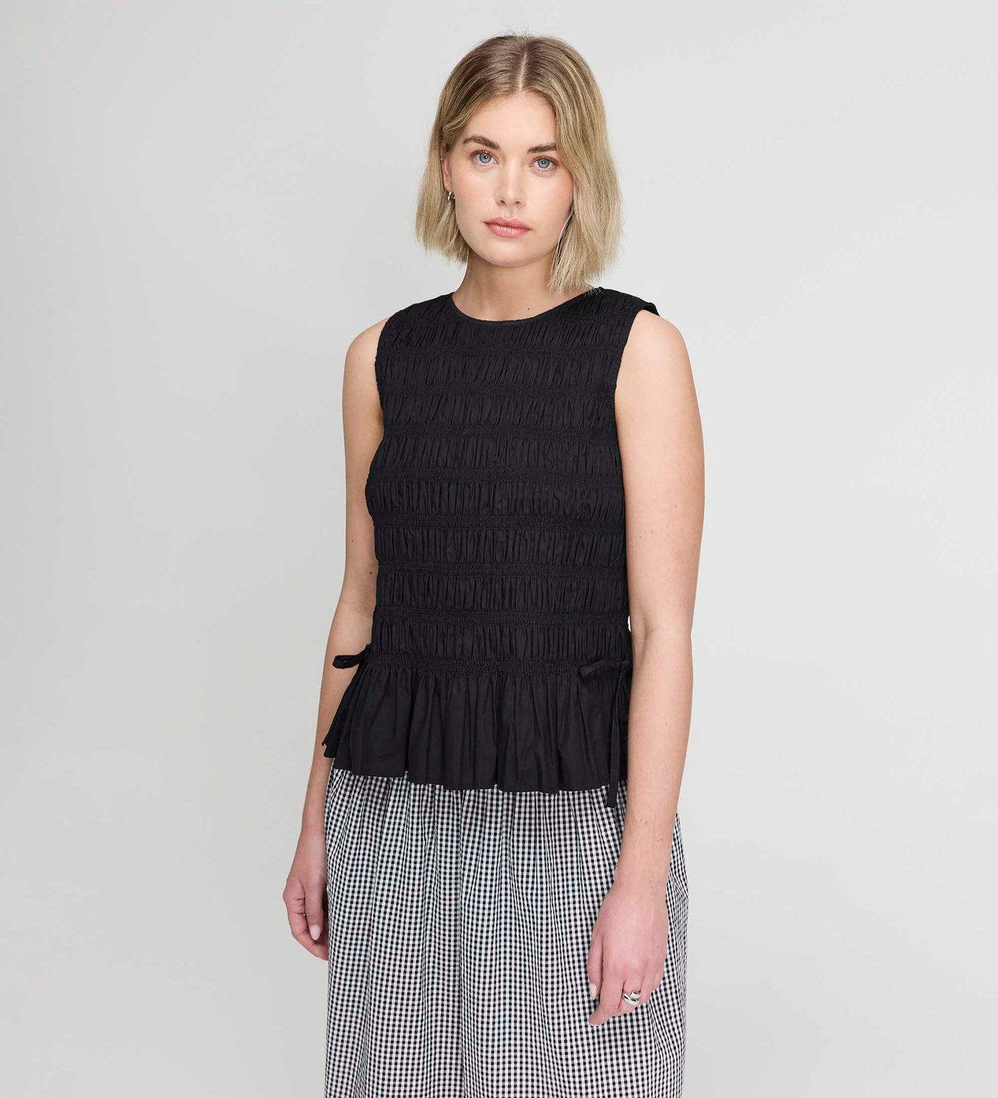 Malani Black Cotton Poplin Shirred Peplum Shell Top
