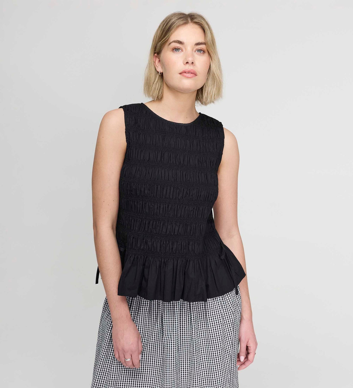 Malani Black Cotton Poplin Shirred Peplum Shell Top