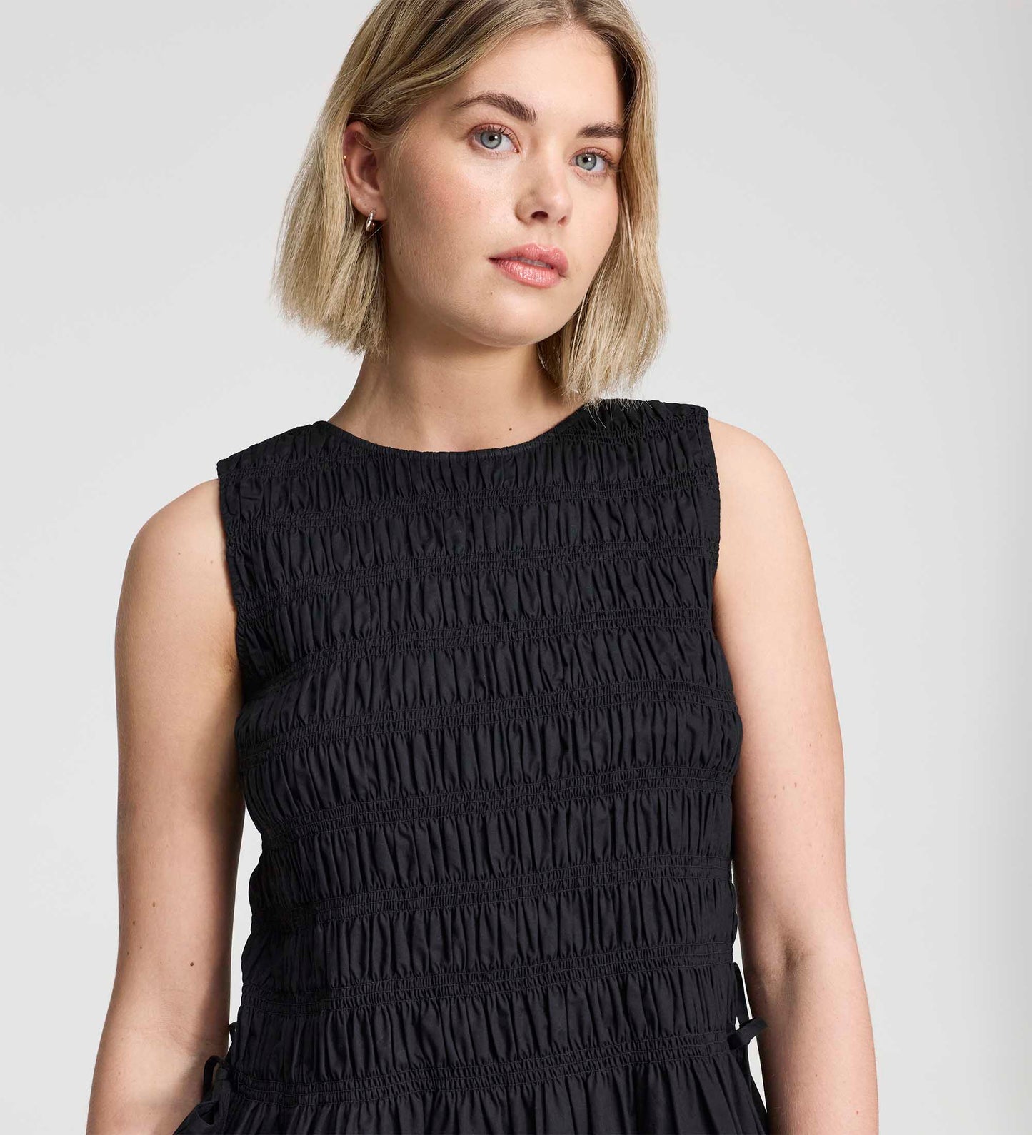 Malani Black Cotton Poplin Shirred Peplum Shell Top