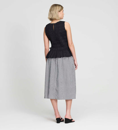 Malani Black Cotton Poplin Shirred Peplum Shell Top