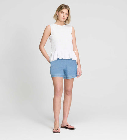 Malani White Cotton Poplin Shirred Peplum Shell Top