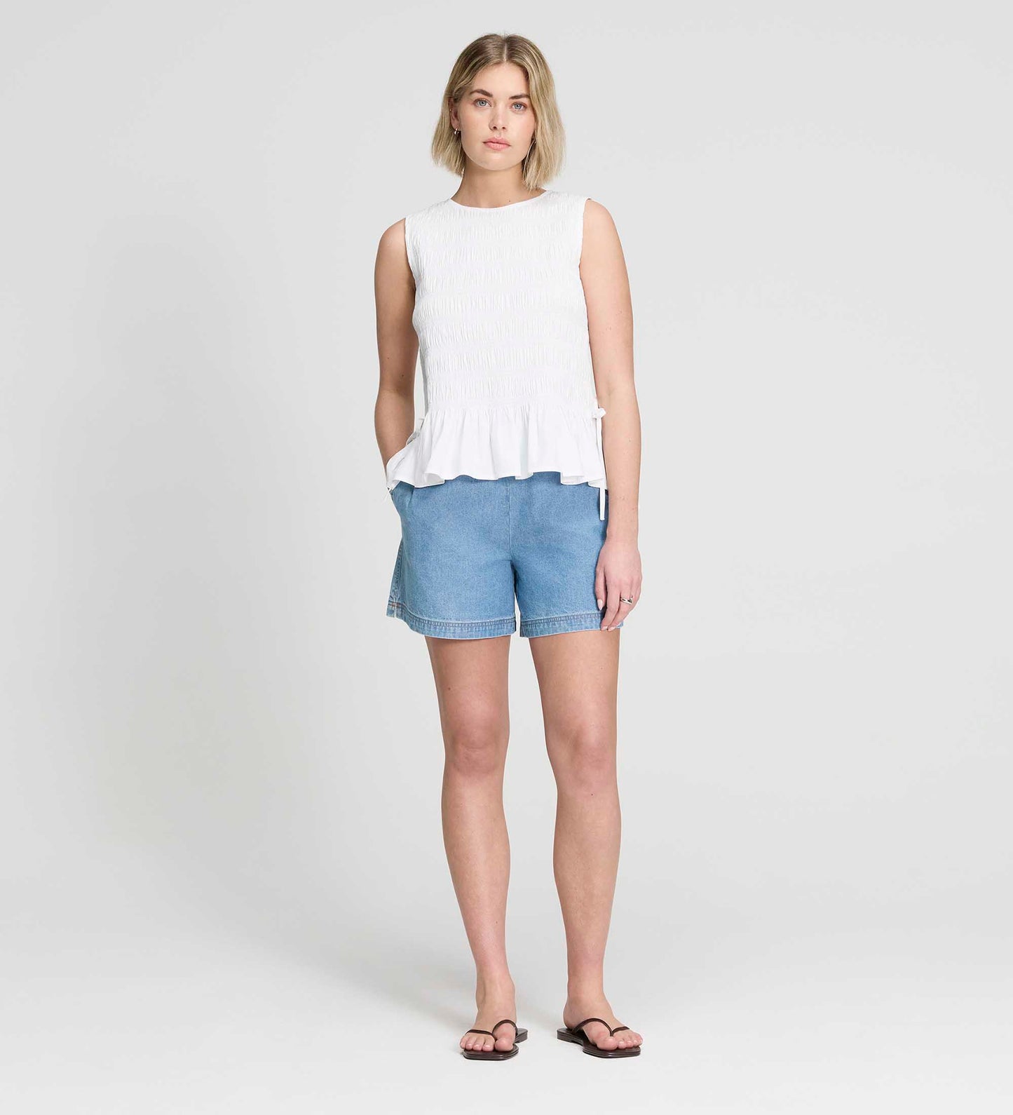 Malani White Cotton Poplin Shirred Peplum Shell Top