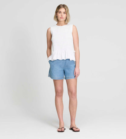 Malani White Cotton Poplin Shirred Peplum Shell Top