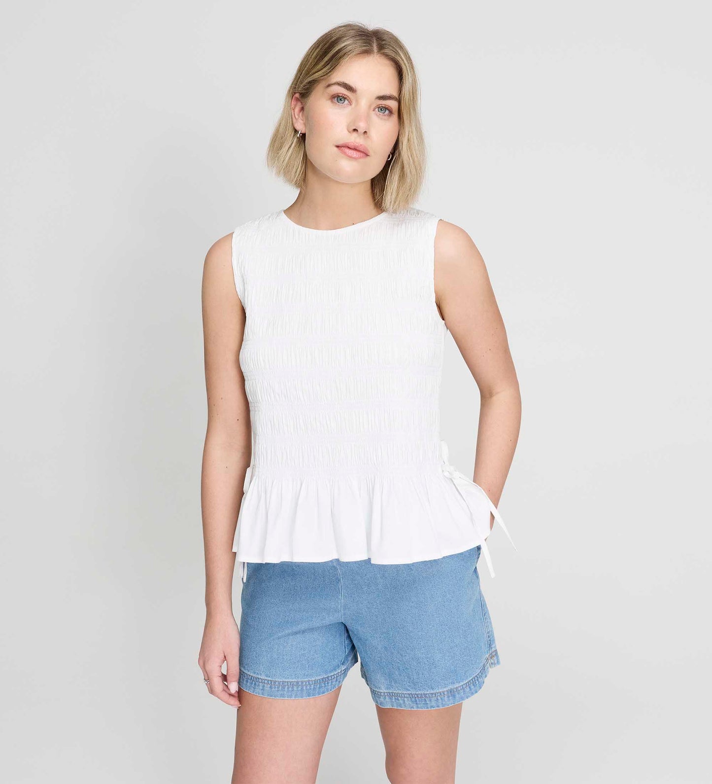 Malani White Cotton Poplin Shirred Peplum Shell Top