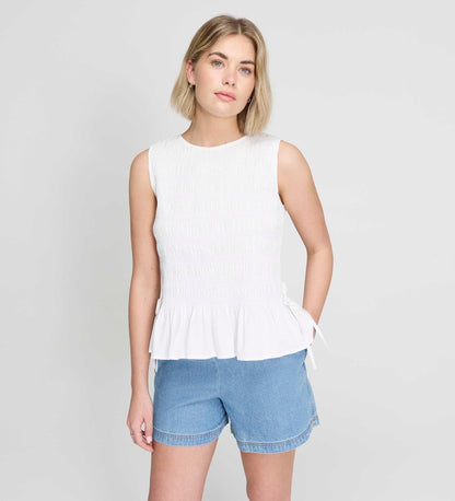 Malani White Cotton Poplin Shirred Peplum Shell Top
