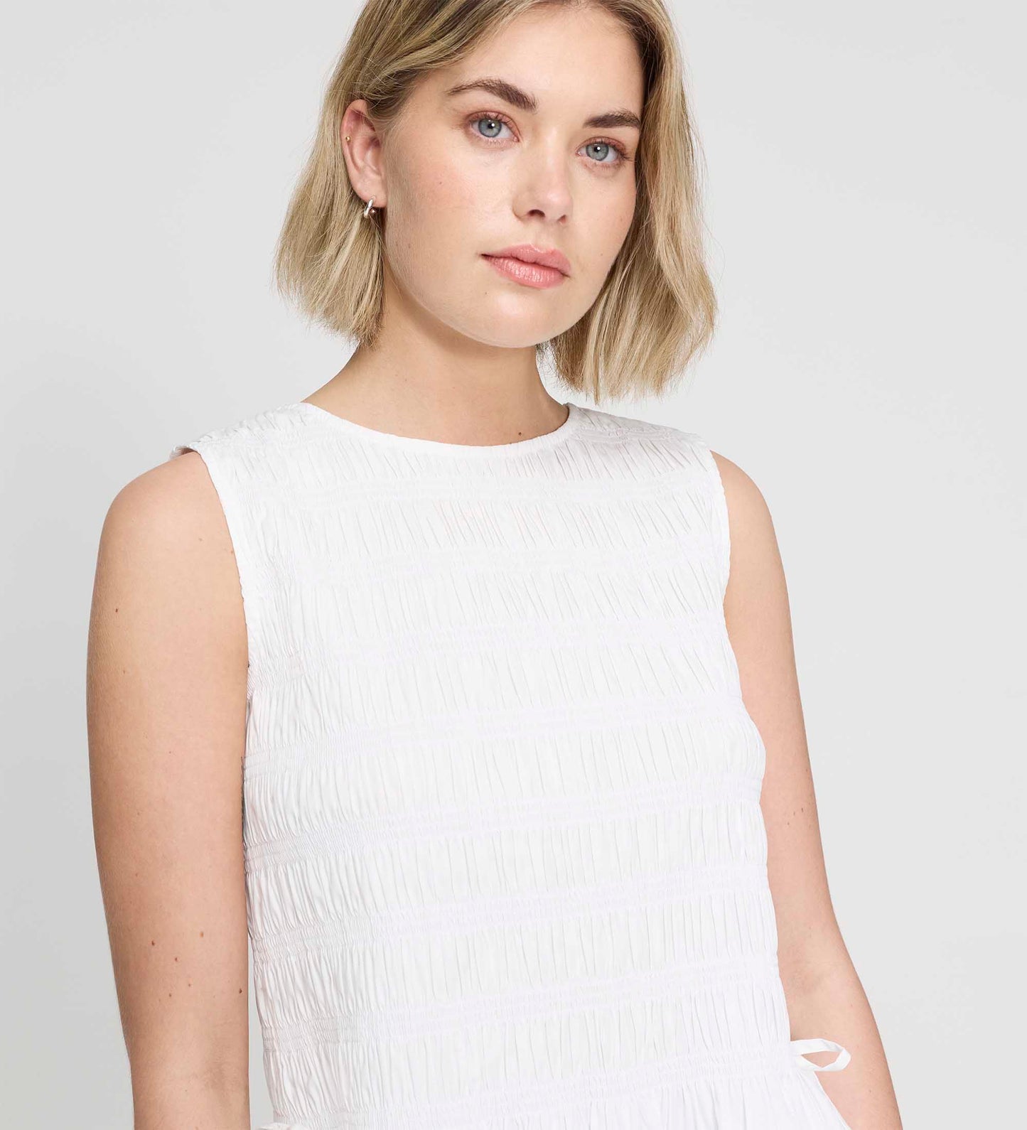 Malani White Cotton Poplin Shirred Peplum Shell Top