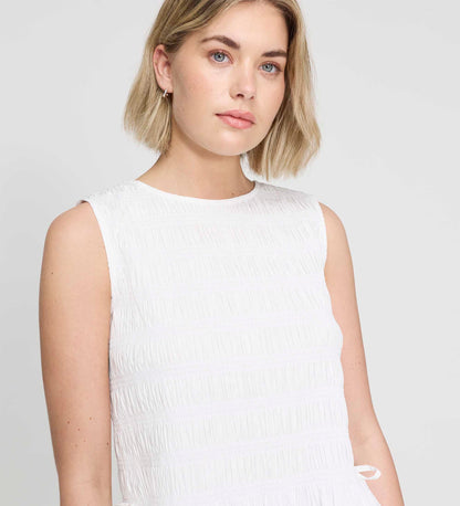 Malani White Cotton Poplin Shirred Peplum Shell Top