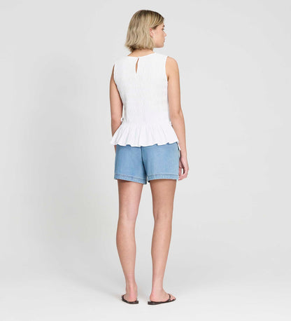 Malani White Cotton Poplin Shirred Peplum Shell Top