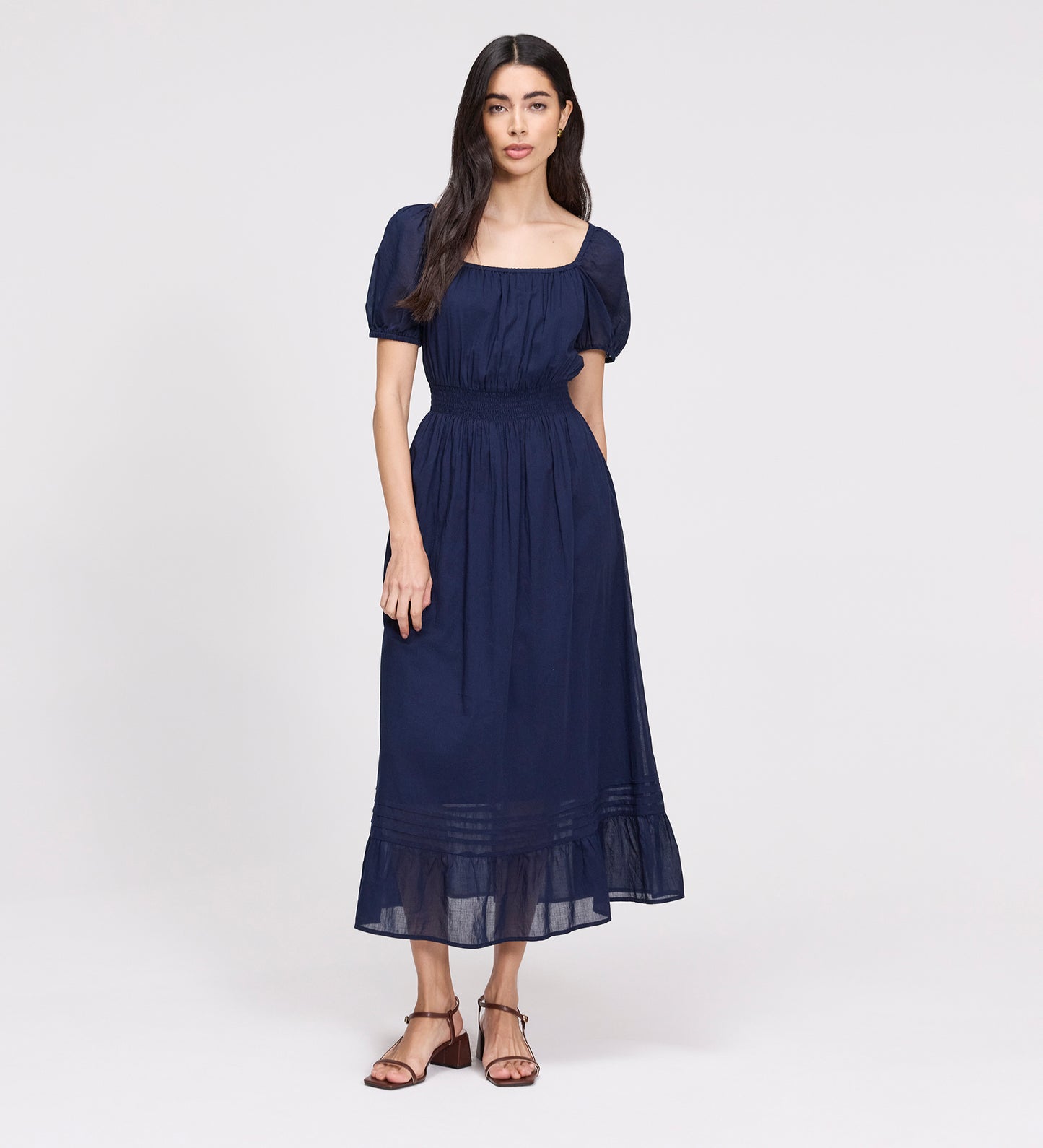 Mandy Navy Cotton Puff Sleeves Square Neck Midi Dress