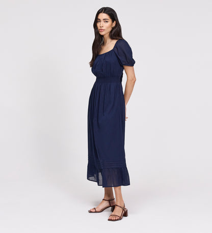 Mandy Navy Cotton Puff Sleeves Square Neck Midi Dress