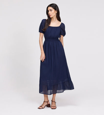 Mandy Navy Cotton Puff Sleeves Square Neck Midi Dress