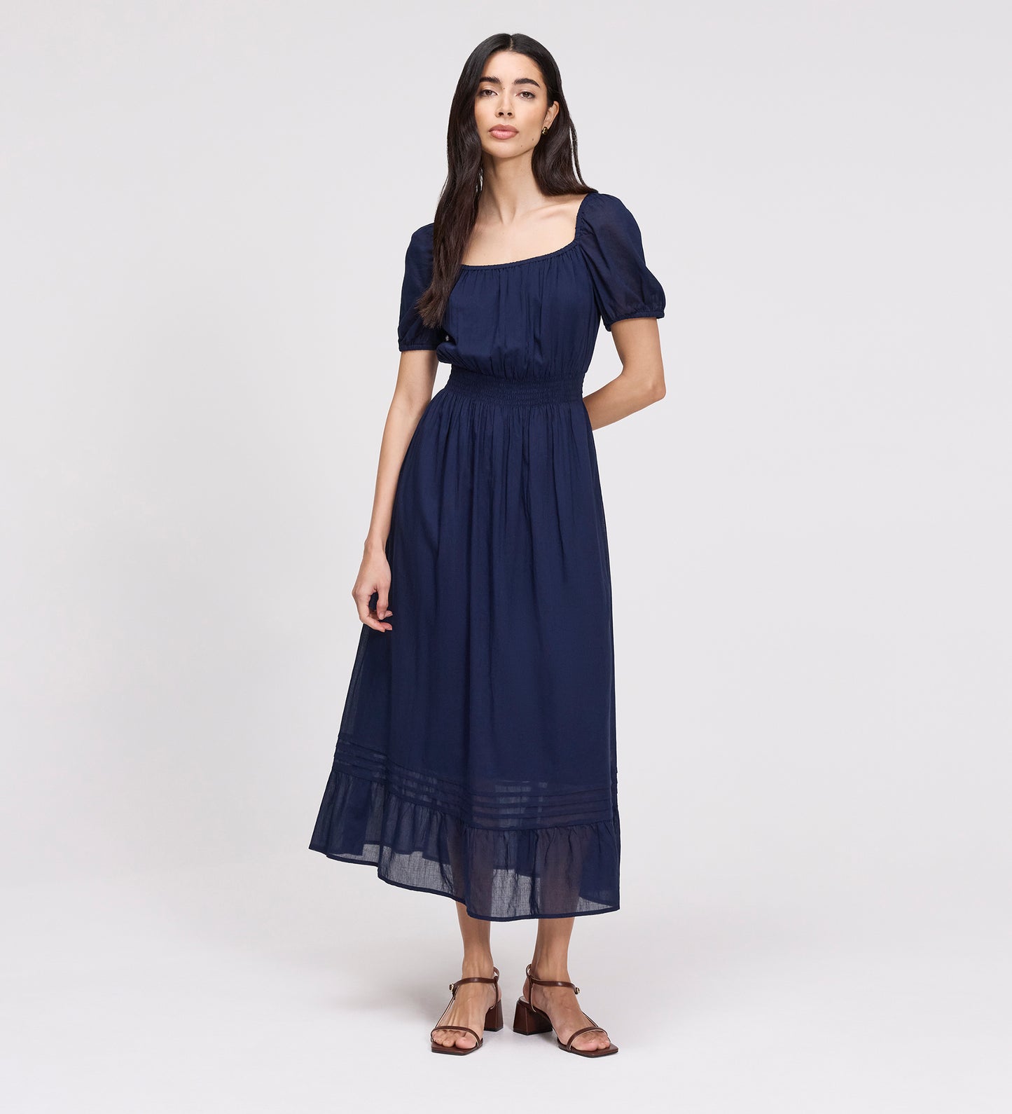 Mandy Navy Cotton Puff Sleeves Square Neck Midi Dress
