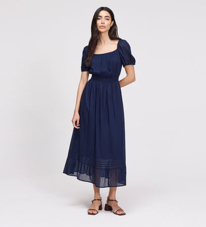 Mandy Navy Cotton Puff Sleeves Square Neck Midi Dress