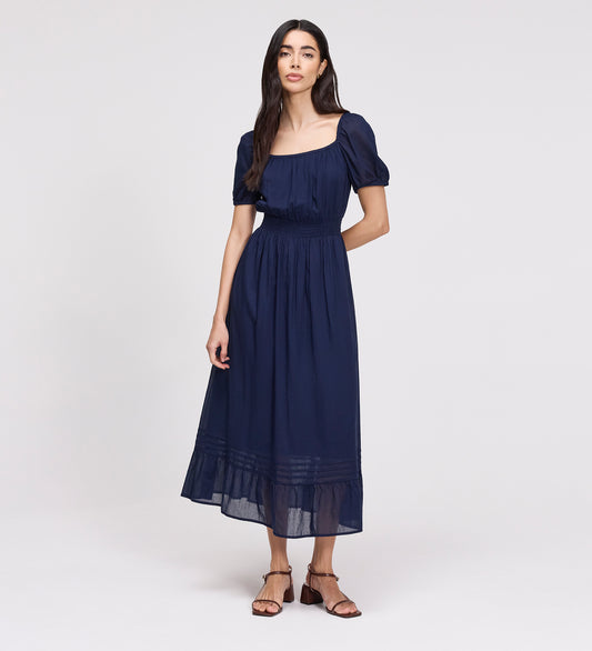 Mandy Navy Cotton Puff Sleeves Square Neck Midi Dress
