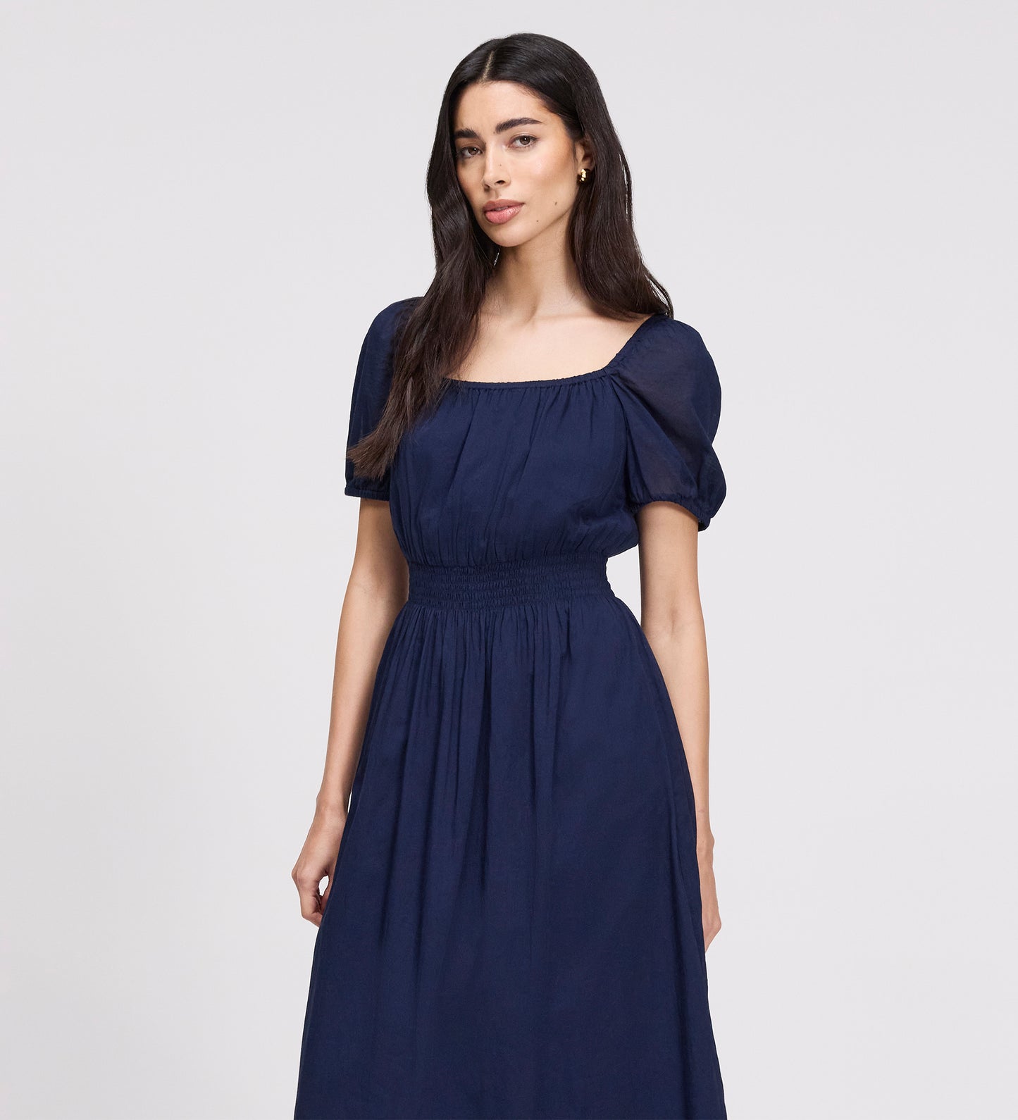 Mandy Navy Cotton Puff Sleeves Square Neck Midi Dress