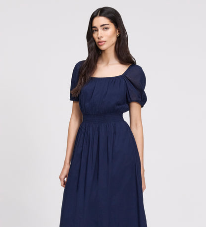 Mandy Navy Cotton Puff Sleeves Square Neck Midi Dress