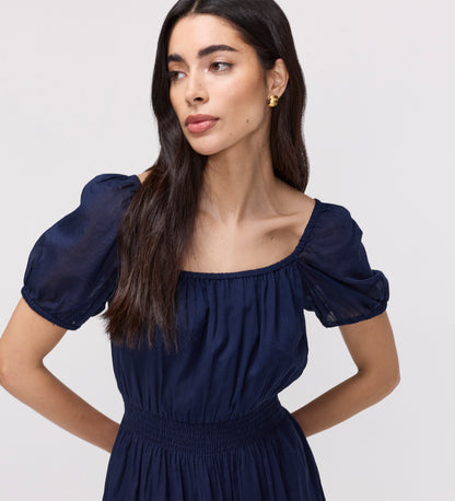 Mandy Navy Cotton Puff Sleeves Square Neck Midi Dress