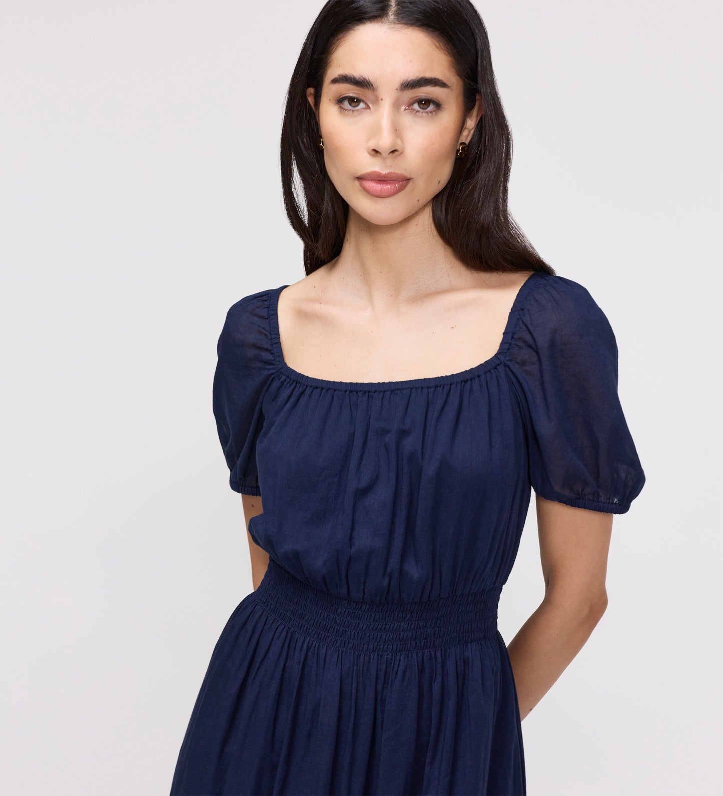 Mandy Navy Cotton Puff Sleeves Square Neck Midi Dress