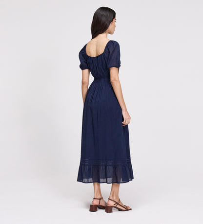 Mandy Navy Cotton Puff Sleeves Square Neck Midi Dress