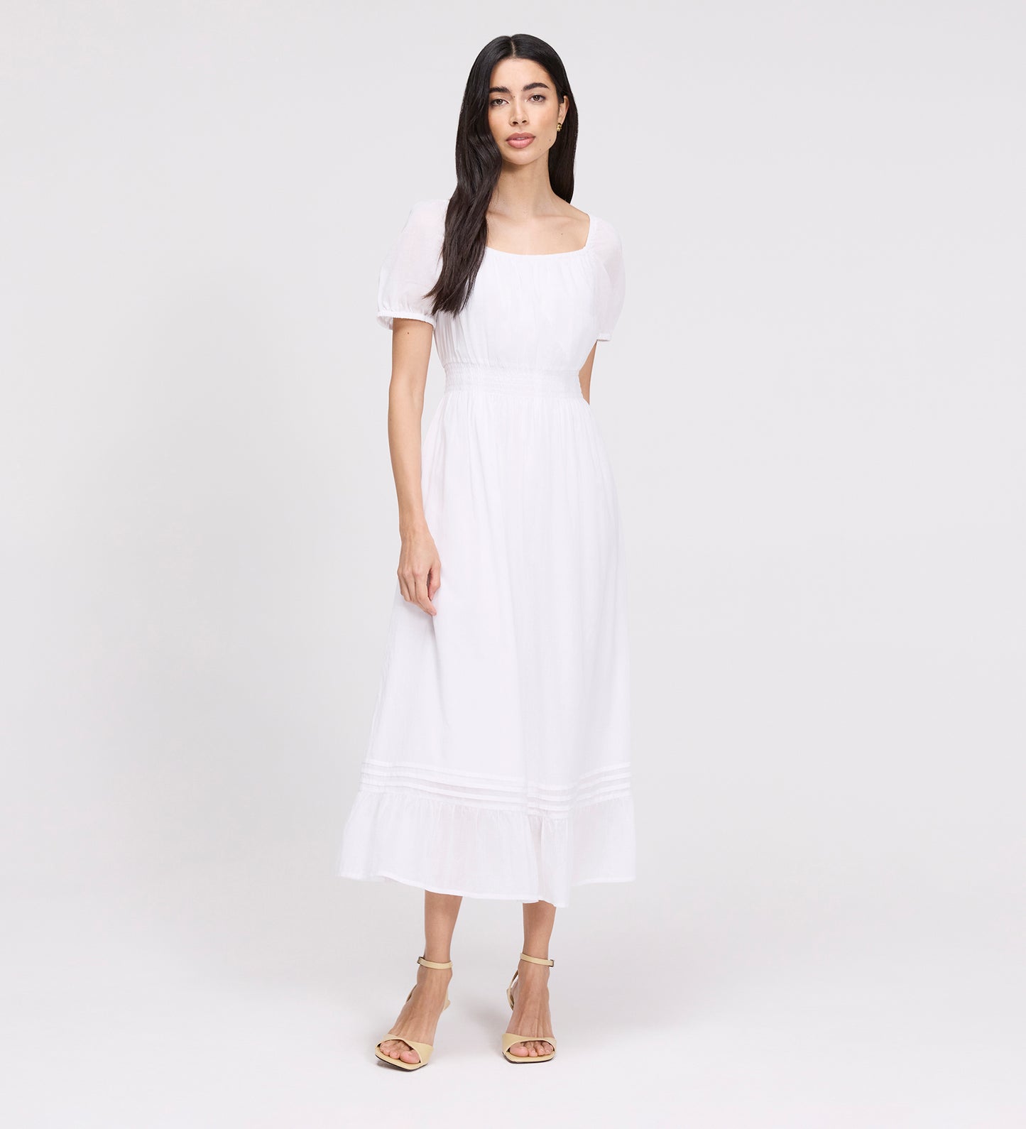 Mandy White Cotton Puff Sleeves Square Neck Midi Dress