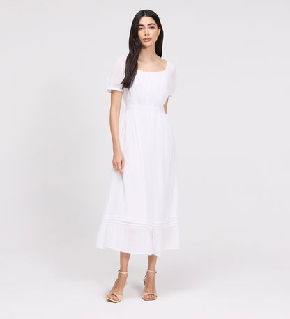 Mandy White Cotton Puff Sleeves Square Neck Midi Dress