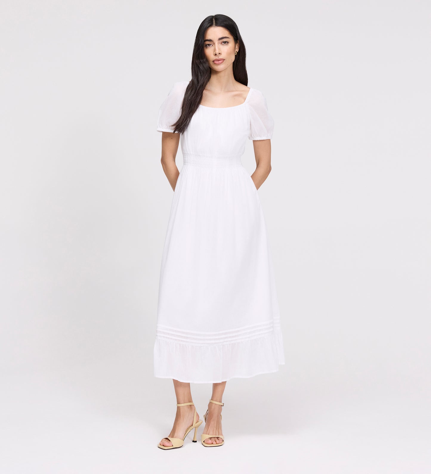 Mandy White Cotton Puff Sleeves Square Neck Midi Dress
