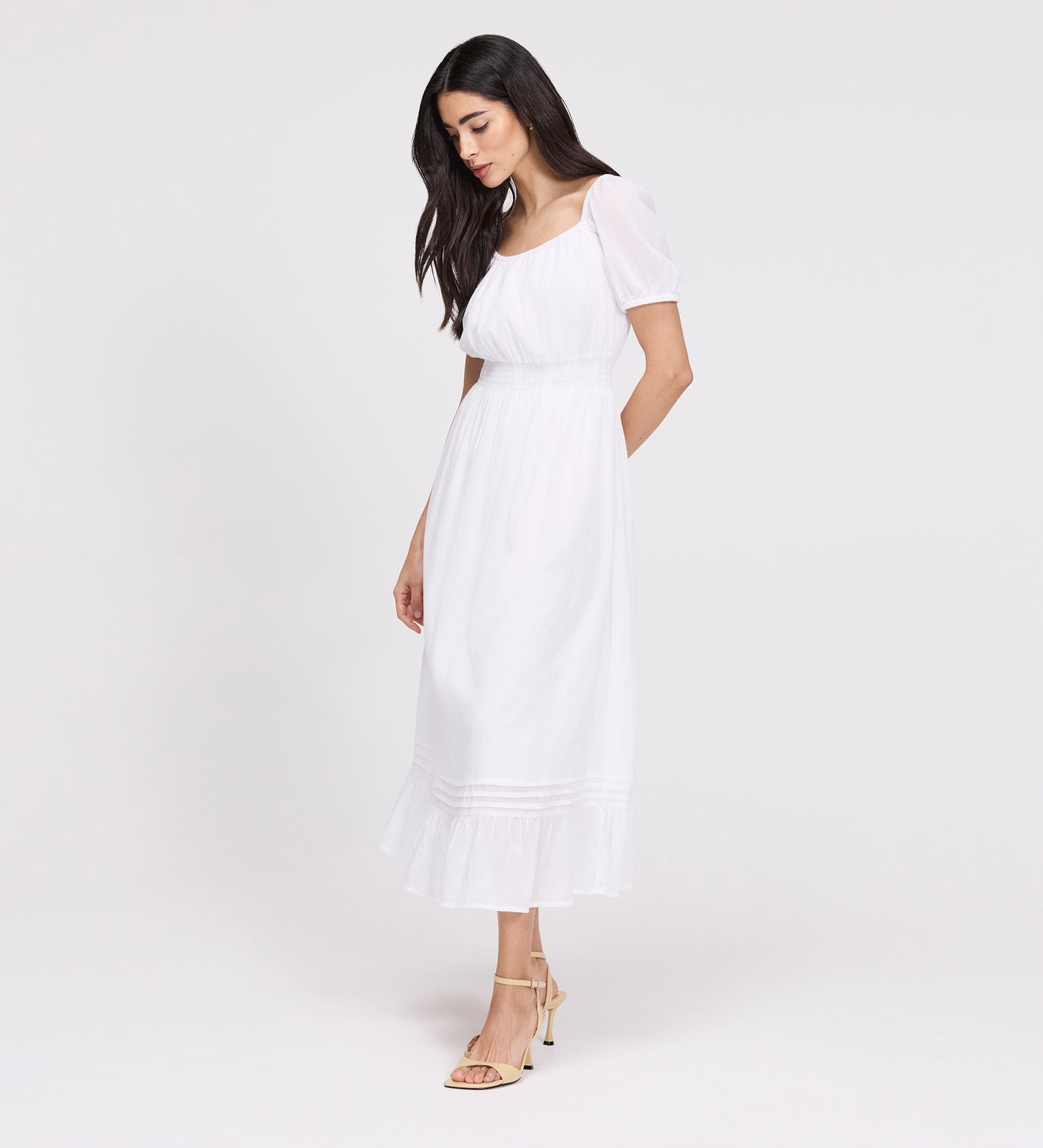 Mandy White Cotton Puff Sleeves Square Neck Midi Dress