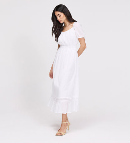 Mandy White Cotton Puff Sleeves Square Neck Midi Dress