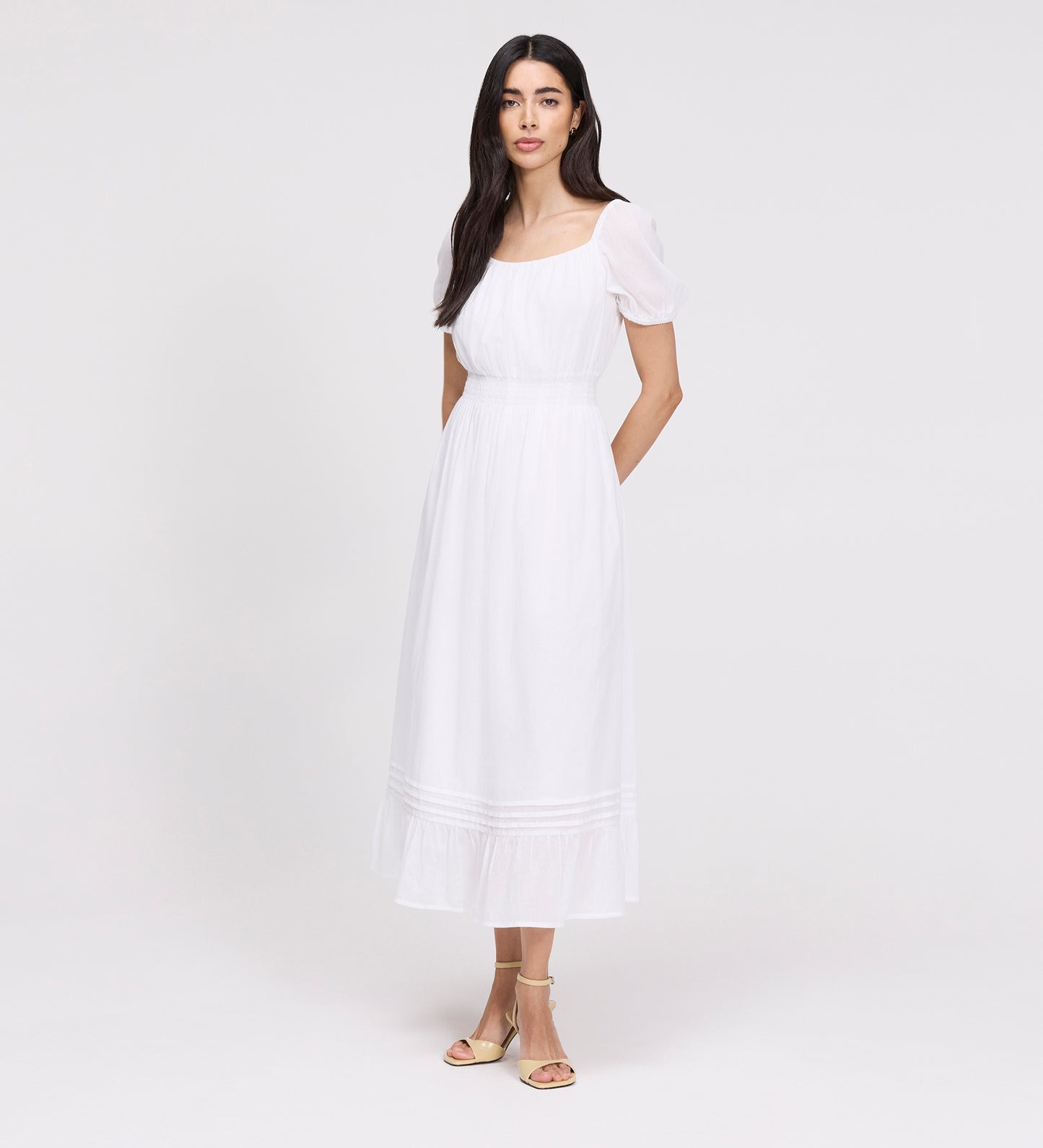 Mandy White Cotton Puff Sleeves Square Neck Midi Dress