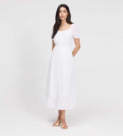 Mandy White Cotton Puff Sleeves Square Neck Midi Dress