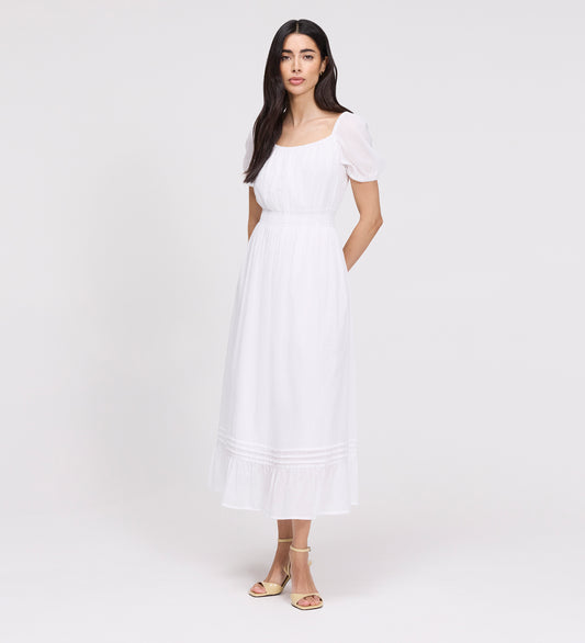 Mandy White Cotton Puff Sleeves Square Neck Midi Dress