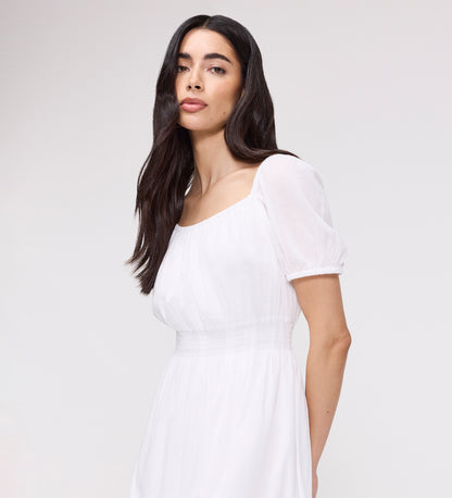 Mandy White Cotton Puff Sleeves Square Neck Midi Dress