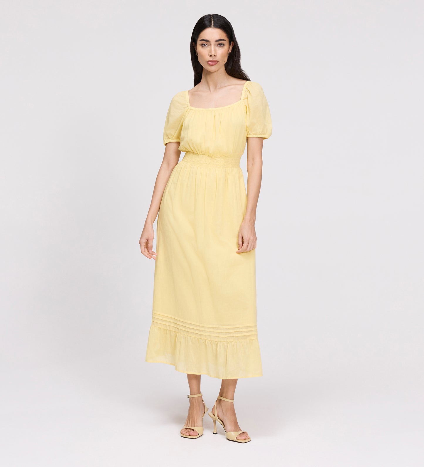 Mandy Yellow Cotton Puff Sleeves Square Neck Midi Dress