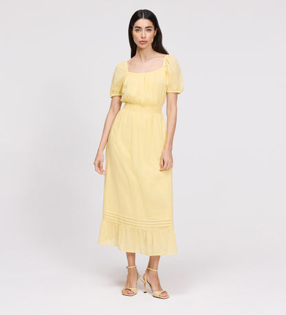 Mandy Yellow Cotton Puff Sleeves Square Neck Midi Dress