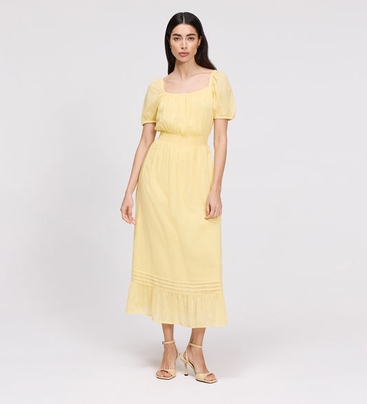 Mandy Yellow Cotton Puff Sleeves Square Neck Midi Dress