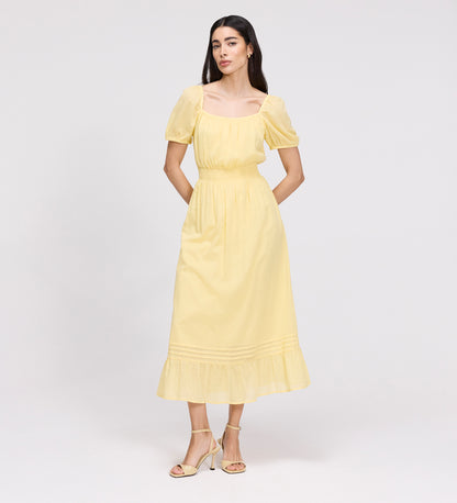 Mandy Yellow Cotton Puff Sleeves Square Neck Midi Dress