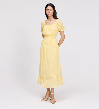 Mandy Yellow Cotton Puff Sleeves Square Neck Midi Dress