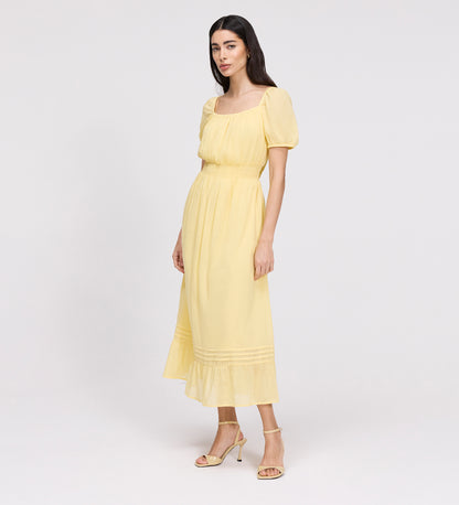 Mandy Yellow Cotton Puff Sleeves Square Neck Midi Dress