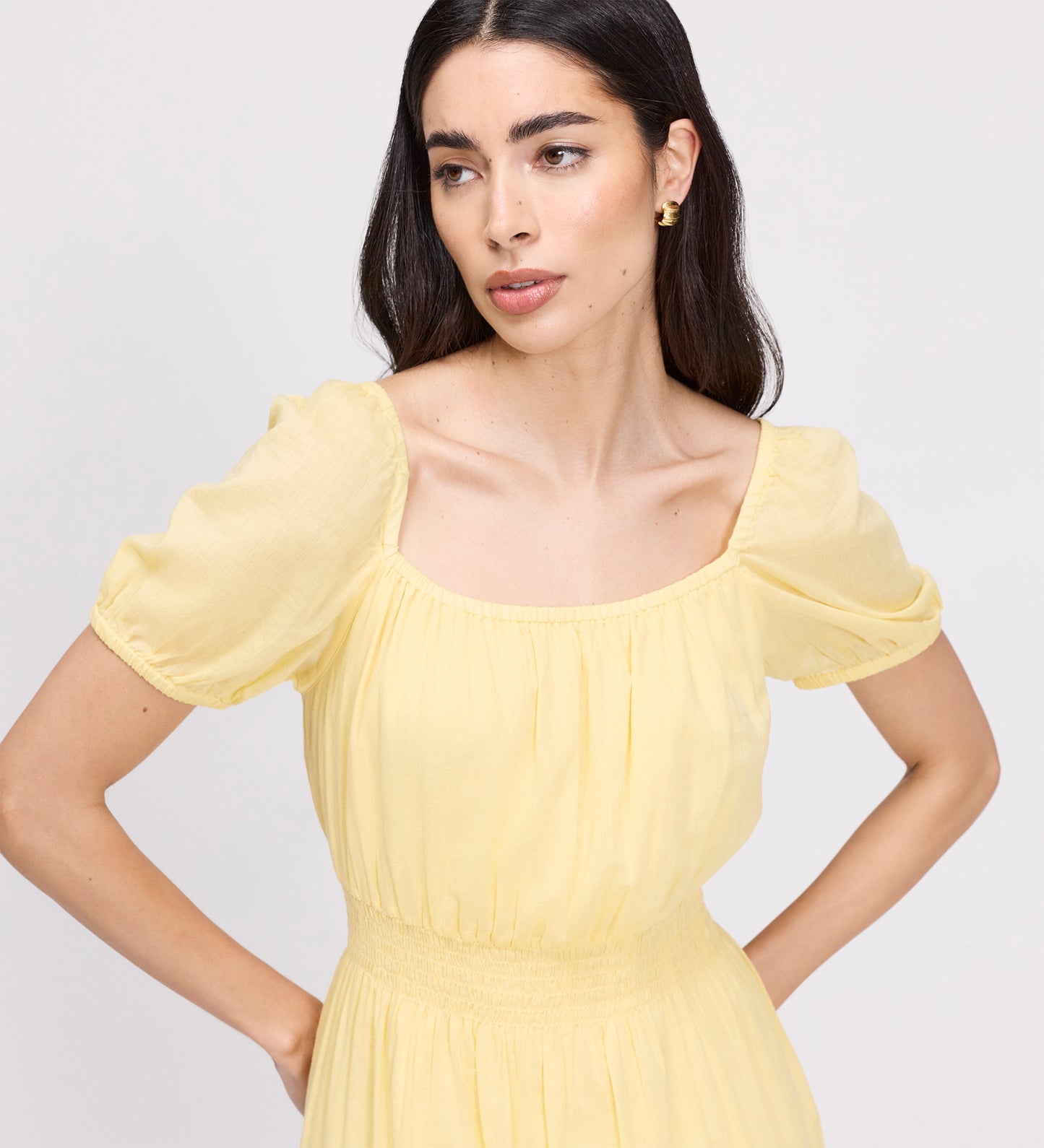 Mandy Yellow Cotton Puff Sleeves Square Neck Midi Dress