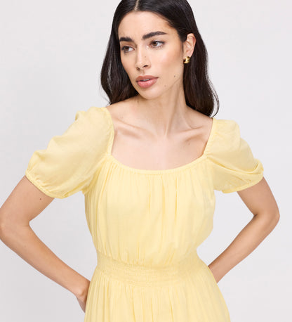 Mandy Yellow Cotton Puff Sleeves Square Neck Midi Dress