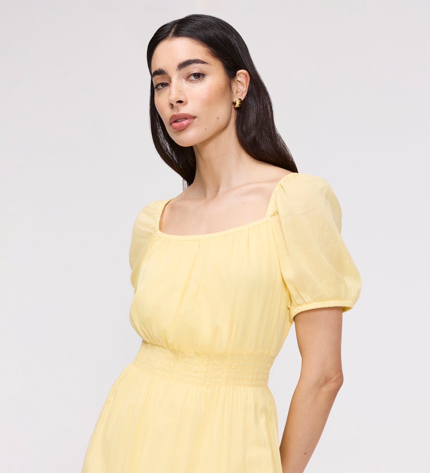 Mandy Yellow Cotton Puff Sleeves Square Neck Midi Dress
