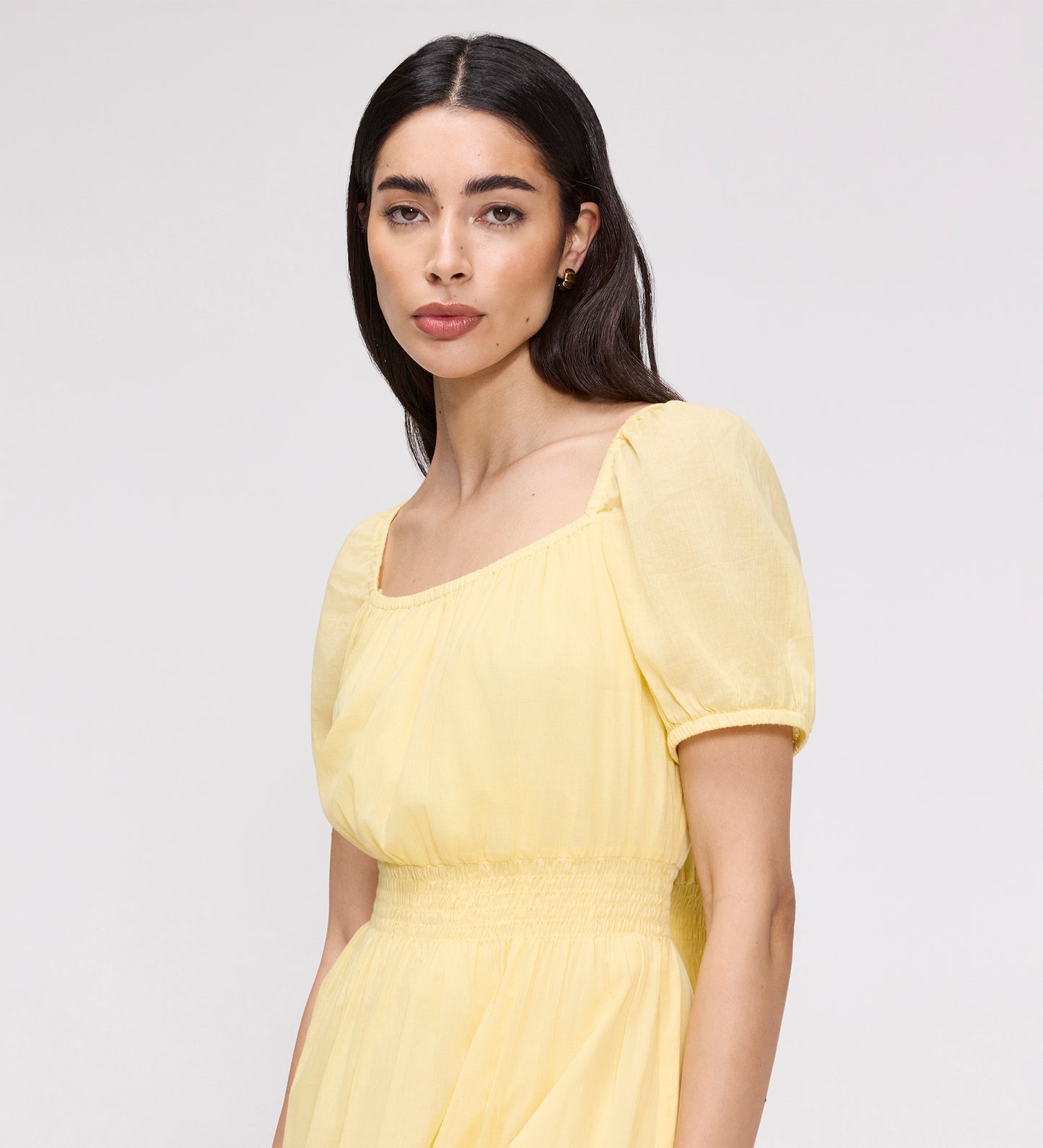 Mandy Yellow Cotton Puff Sleeves Square Neck Midi Dress